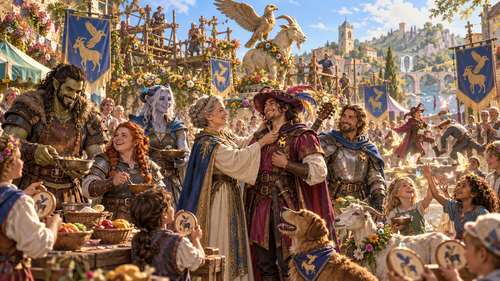 Festival companions share laughter and food as a woman adjusts a bard’s feathered hat beside a dog, garlanded goat and children