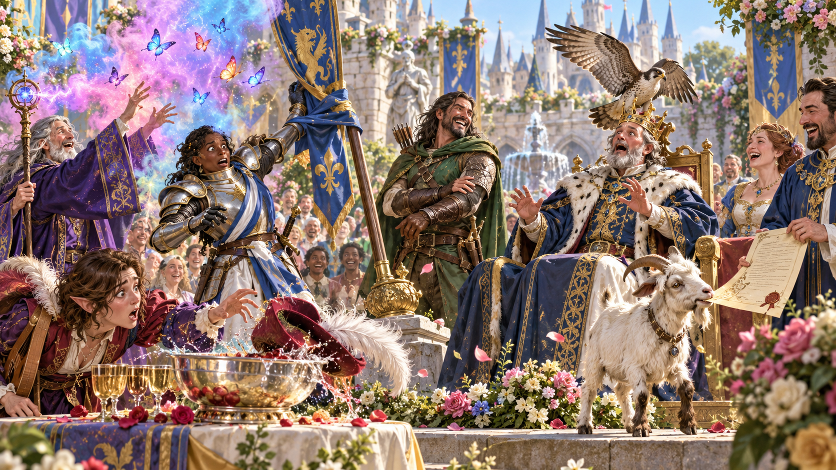 Wizard’s butterflies, knight’s sash on a standard, hawk above the king, plumed hat splashing punch and a goat in a royal courtyard