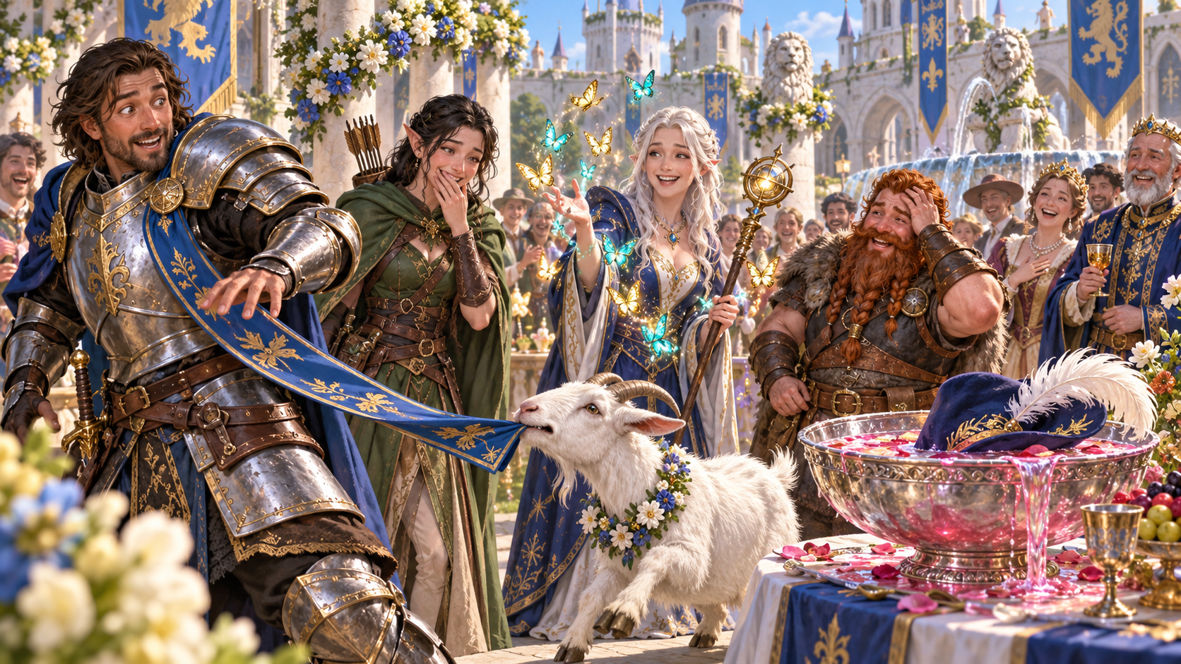 Goat tugs a knight’s blue sash in a royal courtyard beside a wizard’s butterflies and a plumed hat in a punch bowl