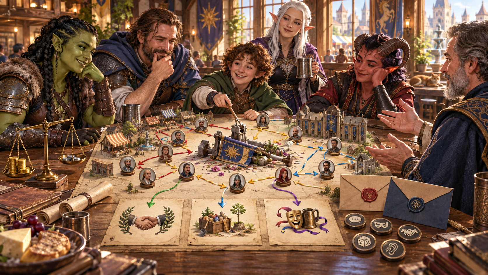 Adventurers review a map with witness portraits, coloured routes, handshake, food crate, theatrical masks and sealed envelopes